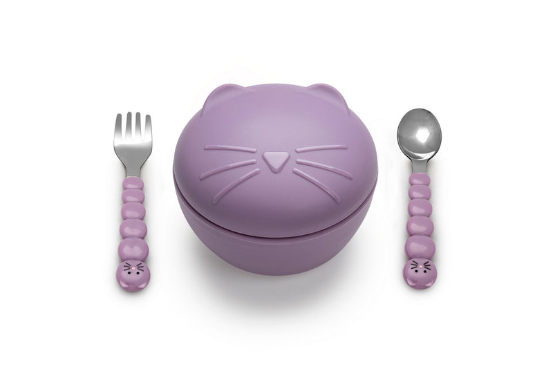 SILICONE BOWL WITH LID, SPOON AND FORK - CAT