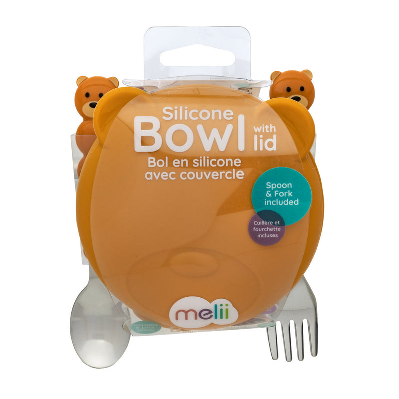 SILICONE BOWL WITH LID, SPOON AND FORK - BEAR