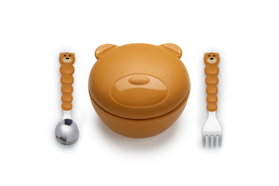 SILICONE BOWL WITH LID, SPOON AND FORK - BEAR