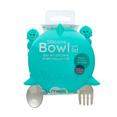 SILICONE BOWL WITH LID, SPOON AND FORK - SHARK