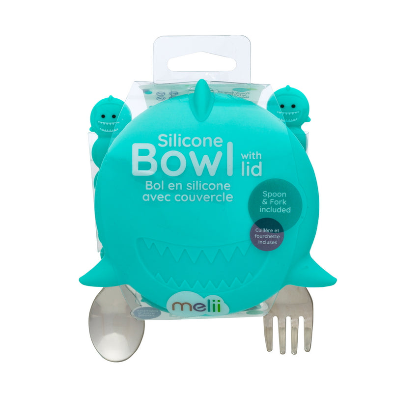 SILICONE BOWL WITH LID, SPOON AND FORK - SHARK