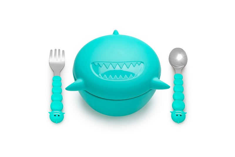 SILICONE BOWL WITH LID, SPOON AND FORK - SHARK