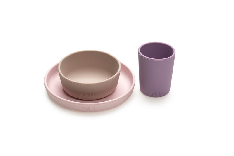 SILICONE FEEDING SET - PURPLE, GREY & PINK (3PC SET)