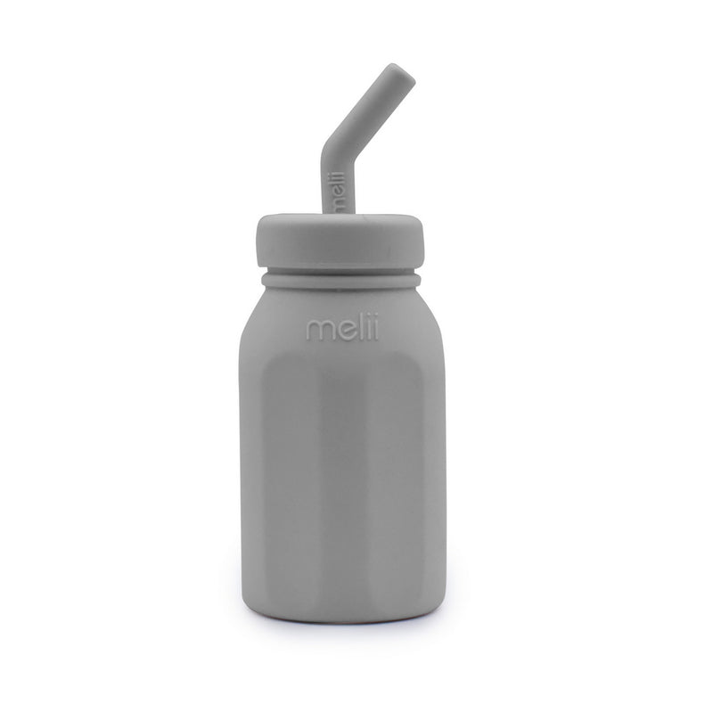 SILICONE BOTTLE W/ STRAW - GREY