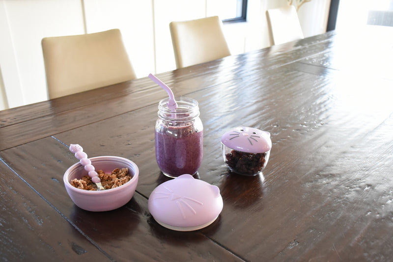 SILICONE BOWL WITH LID, SPOON AND FORK - BEAR