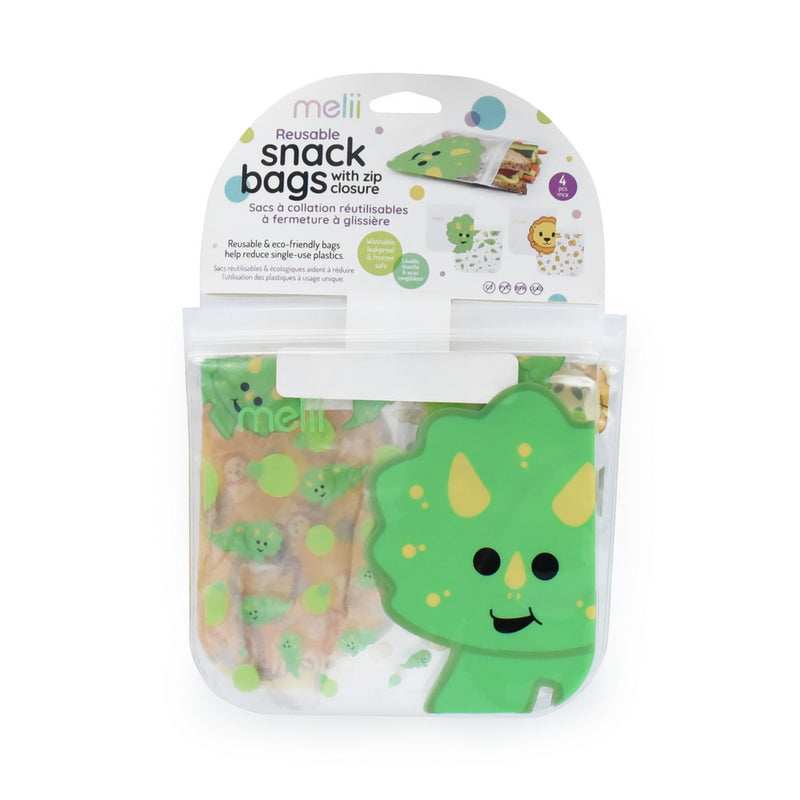 REUSABLE SNACK BAGS W/ ZIP CLOSURE - 4PK - 2 DINO , 2 LION