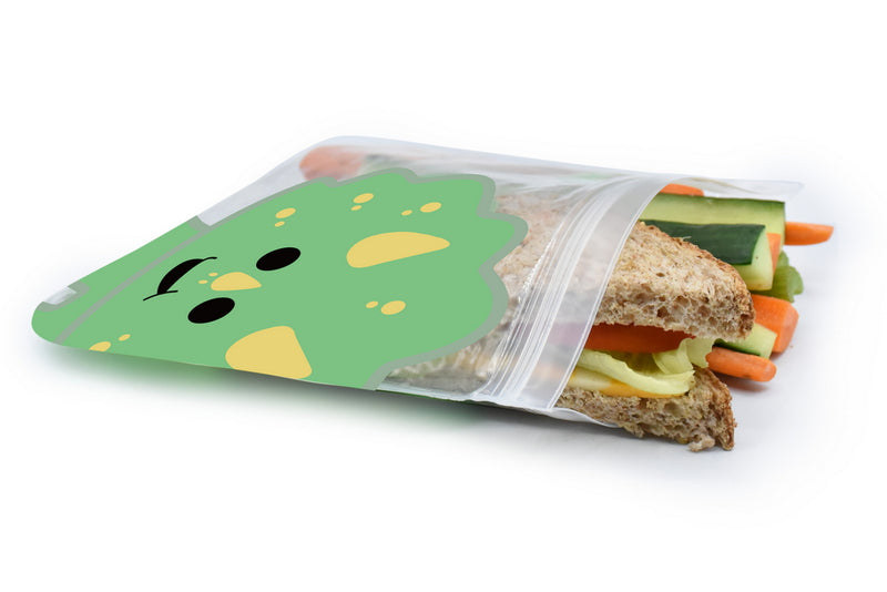 REUSABLE SNACK BAGS W/ ZIP CLOSURE - 4PK - 2 DINO , 2 LION