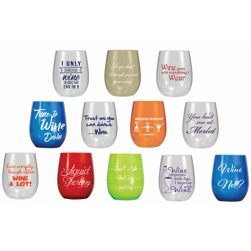 ACRYLIC - STEMLESS WINE GLASSES - NOVELTY SAYINGS (FLOOR DISPLAY 84PCS)